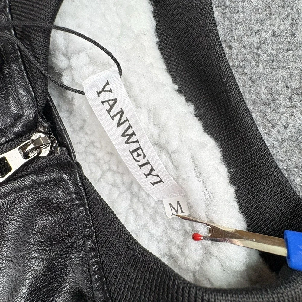 Zaful Yanweiyi‎ Jacket Women M Black White Faux Leather Sherpa Bomber Y2K Baddie - Picture 5 of 13